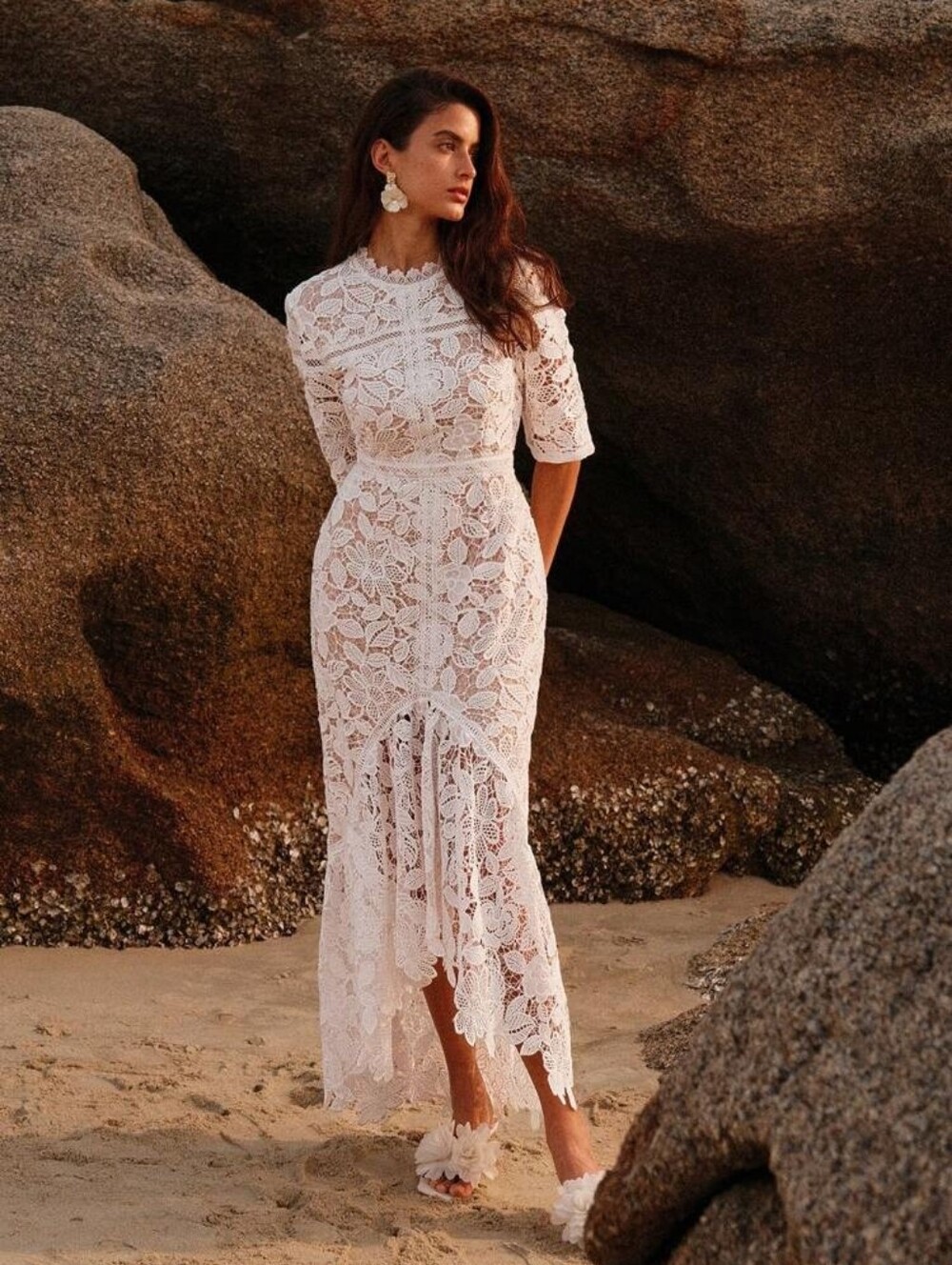 White Lace Midi Dress with Floral Crochet Detail